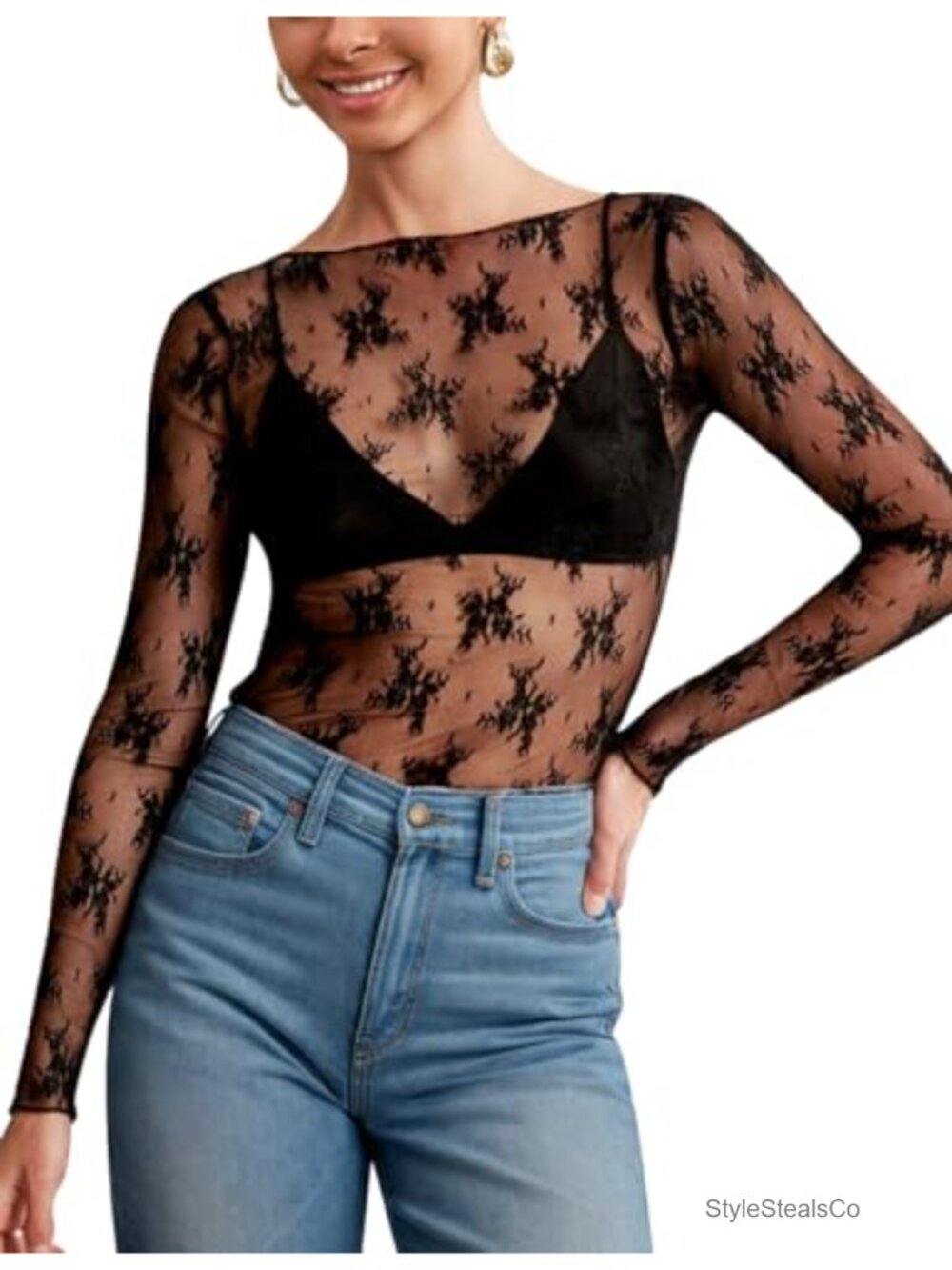 Sheer Lace Long Sleeve Boat Neck Top Floral Mesh Blouse
